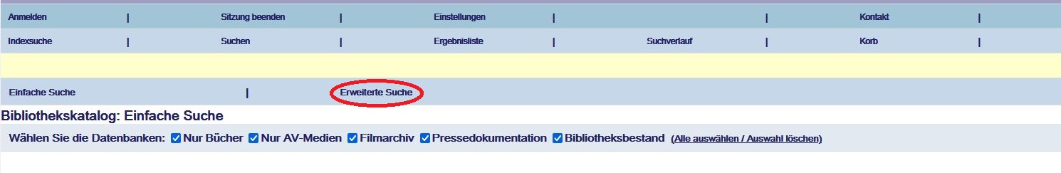Hervorhebung der Auswahlmöglichkeit "Erweiterte Suche" auf der Startseite des OPACs der Filmuniversität.