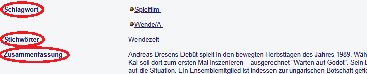 Darstellung des Ausschnitts einer Vollanzeige eines Einzeltitels im Katalog der Bibliothek der Filmuniversität. Einzelne Felder sind mit einer roten Umrandung hervorgehoben.