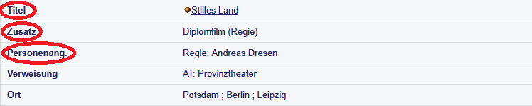 Darstellung des Ausschnitts einer Vollanzeige eines Einzeltitels im Katalog der Bibliothek der Filmuniversität. Einzelne Felder sind mit einer roten Umrandung hervorgehoben.