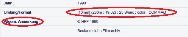 Darstellung des Ausschnitts einer Vollanzeige eines Einzeltitels im Katalog der Bibliothek der Filmuniversität. Einzelne Felder sind mit einer roten Umrandung hervorgehoben.