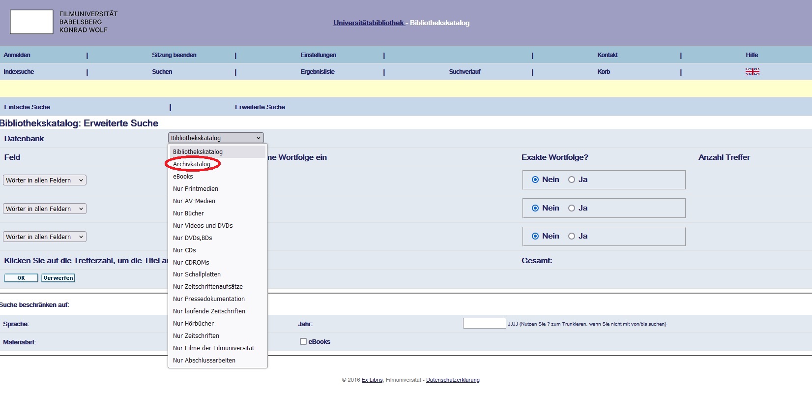 Hervorhebung der Auswahlmöglichkeit Archivkatalog im Dropdown-Menü auf der Seite "Erweiterte Suche".