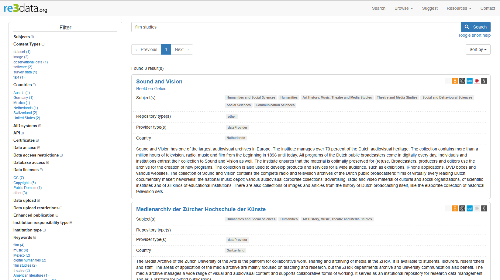 Screenshot einer Trefferliste auf red3data.org