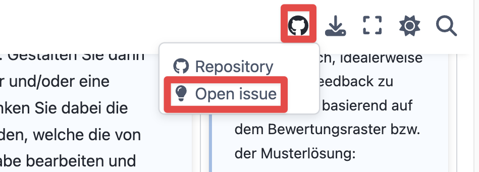 GitHub Issue erstellen. Navigieren Sie zuerst auf das GitHub-Logo und klicken Sie dann auf "Open Issue".