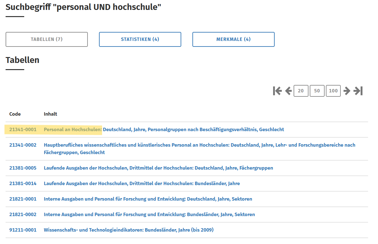 Screenshot einer Datensuche bei Destatis.