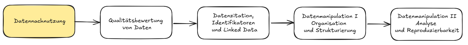 Skizzenhafte Darstellung der 5 Schritte dieser Fallstudie mit farblicher Hervorhebung des 1. Schrittes.
