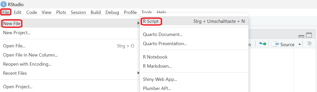 Ein Screenshot, der zeigt, wie man ein neues R-Skript öffnet.