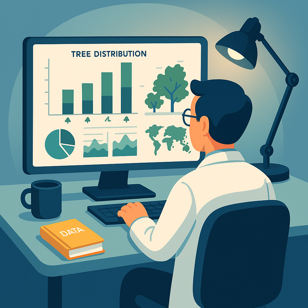 Eine grafische Darstellung eines Datenwissenschaftlers der die Baumverteilung analysiert.