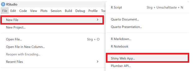 Ein Screenshot, der zeigt, wie man ein neues R-Skript öffnet.