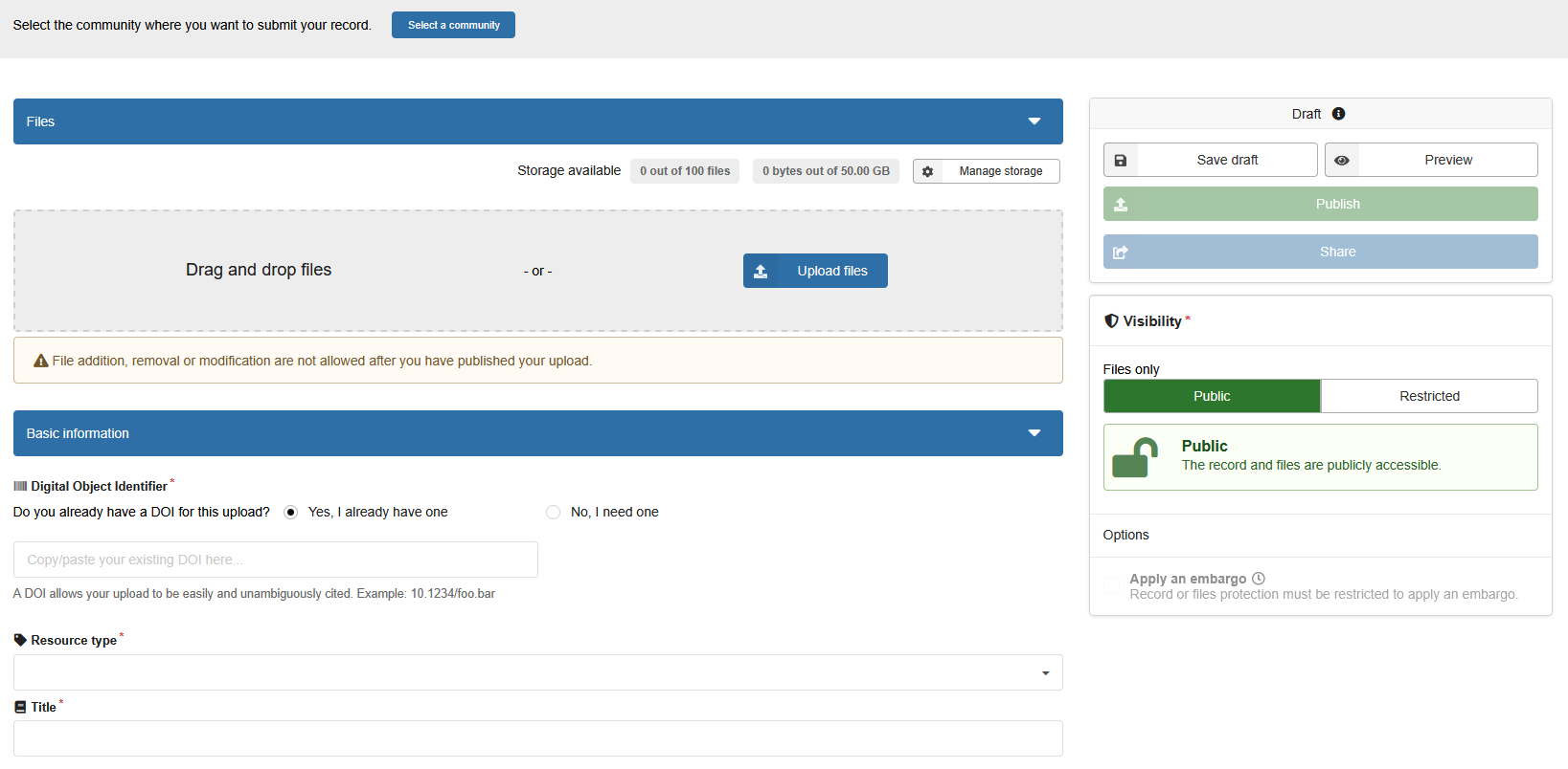 Screenshot der Upload Seite bei Zenodo
